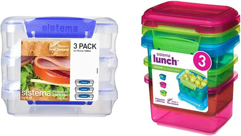 Sistema KLIP IT Collection Sandwich Box 1.9 Cup Compact Food Storage Container, 3 Pack, Clear/Blue & Lunch Collection Food Storage Containers, 1.6 Cup, 3 Pack, Blue/Green/Pink | Great for Meal Prep