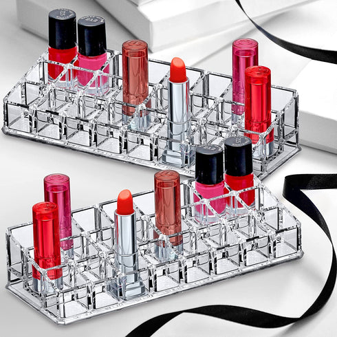 Amazing Abby - Glamour - 2-Pack 24-Slot Acrylic Lipstick Organizer, Lipstick Holder, Lip Gloss Organizer, Cosmetic Storage Display, Perfect Storage Solution for Drawer, Vanity, Bathroom, and More