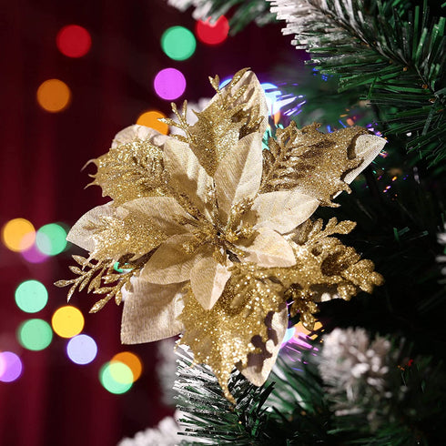 jojofuny 12Pcs Christmas Glitter Poinsettia Flowers, Christmas Tree Flower Decorations Artificial Flowers with Stems and Clips for Wedding Party Wreath (Golden)