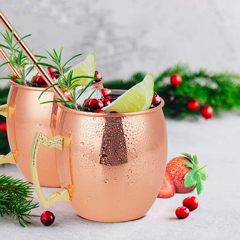 Pitmoly Moscow Mule Copper Mugs, Set of 4 Mugs, Smooth Surface Design 18 oz Copper Cups Set with 4 Cocktail Copper Straws and a Jigger