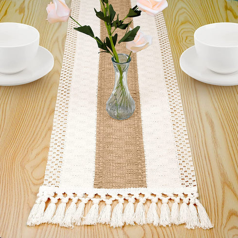 Senneny Macrame Table Runner, Cream Beige Boho Table Runner with Tassels, Hand Woven Cotton and Burlap Splicing Table Runner, Rustic Farmhouse Table Runner for Bohemian, Fall, Kitchen Dining Table