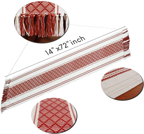LEVIMETREE Moroccan Table Runner 14 X 72 in, Boho D©cor Washable Natural Burlap Table Runner, Tufted Tassels for Bohemian Wedding Bridal Shower Table Mat Rustic Farmhouse Dining Table D©cor, Red