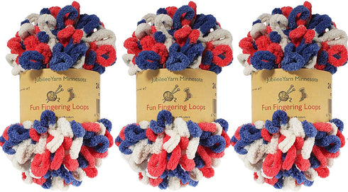 JubileeYarn Fun Finger Loops Yarn - Polyester Jumbo Loop Yarn - Team Spirit Colors - 100g/Skein - Red White Blue - 3 Skeins