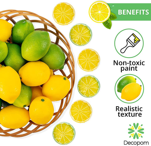 Fake Lemons Limes and Slices Set - 36 Kit Decoration Faux Citrus Fake Fruit - Artificial Lemons Fruit Decorations for Kitchen Home Office Weddings Table Centerpiece Party Tree Lemon Decor for Kitchen