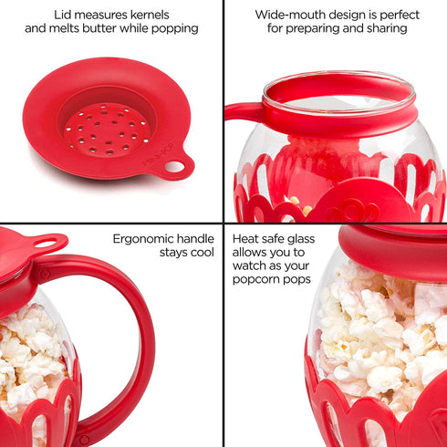 Ecolution Patented Microwave Micro-Pop Popcorn Popper, Borosilicate Glass, 3-in-1 Lid, Dishwasher Safe, BPA Free, 1.5 Quart Snack Size, Red.