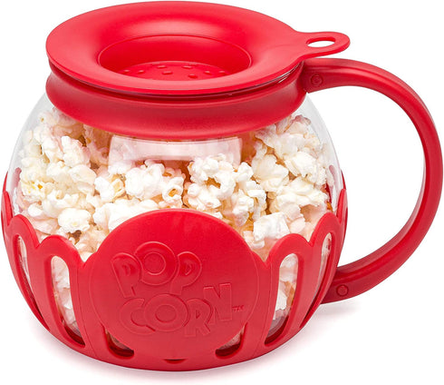 Ecolution Patented Microwave Micro-Pop Popcorn Popper, Borosilicate Glass, 3-in-1 Lid, Dishwasher Safe, BPA Free, 1.5 Quart Snack Size, Red.