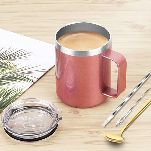 2 Pack Stainless Steel Coffee Mugs with Handle, 12Oz Insulated Coffee Mug, Double Wall Vacuum Insulated Camping Mug with Lid, Thermal Coffee Mug for Coffee, Tea, Hot and Cold Drinks (Rose Gold)