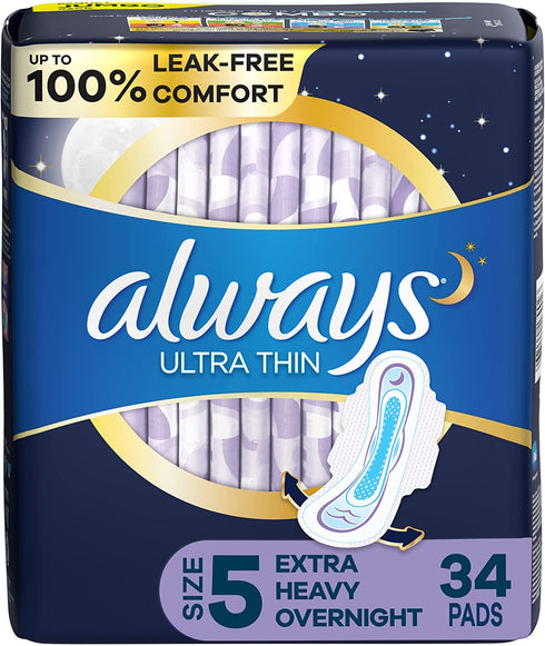 ALWAYS Ultra Thin Size 5 Extra Heavy Overnight Pads With Wings Unscented, Size 5 (Pack of 34)