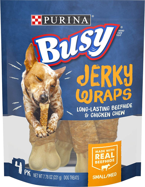 Purina Busy Grain Free Small/Medium Breed Dog Jerky Rawhide Treats, Jerky Wraps Beefhide & Chicken - (5) 4 ct. Pouches