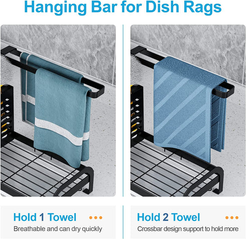 Sink Caddy, iSPECLE Kitchen Sponge Holder Dish Rags Holder with Drain Pan for Sink Organizers and Countertop Saving Space, Black