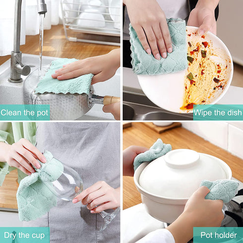 BUEDM Kitchen Dish Towels,Microfiber Cleaning Cloth for Dishes,Bathroom,Car,12 Pack Highly Absorbent Dry Quickly Double-Sided Multi-Purpose Coral Fleece Lint-Free Washcloths
