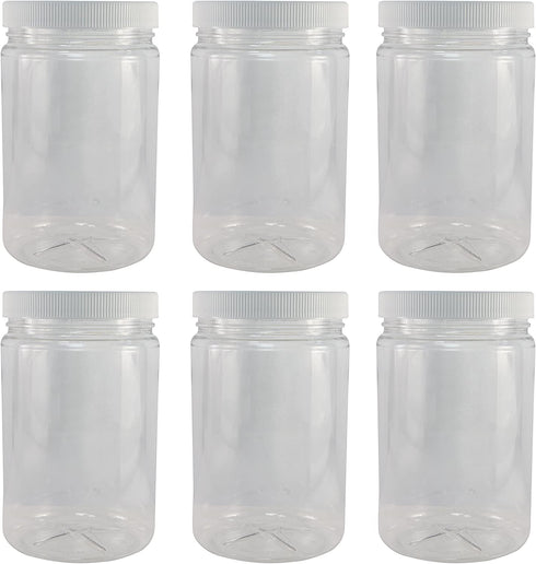 Pinnacle Mercantile Plastic Jars with Screw on Lined Lids 6 Pack 32 ounce Wide Mouth Food Storage Containers