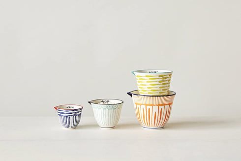 Creative Co-Op Hand Stamped Striped Stoneware Measuring Cups (Set of 4 Sizes/Designs)