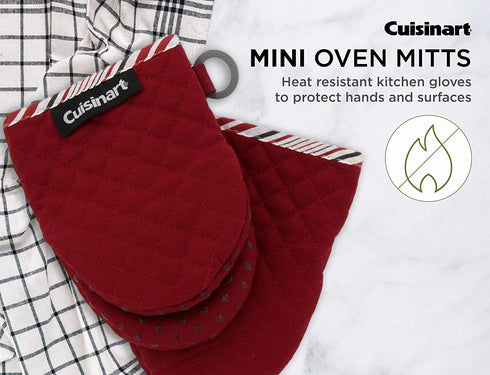 Cuisinart Silicone Mini Oven Mitts, 2pk - Little Oven Gloves for Cooking - Heat Resistant, Non-Slip Grip, Hanging Loop, 5.5 x 7.5 Inches - Ideal for Handling Hot Kitchen, Bakeware Items - Red Dahlia