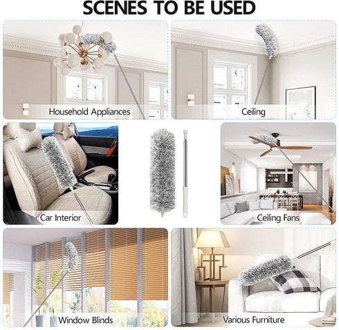 Clonynix Microfiber Dusters for Cleaning, 100" Telescopic Extension Long Pole Bendable Head, Scratch-Resistant Cover, Washable Duster for High Ceiling Fan, Blinds, Furniture & Cars