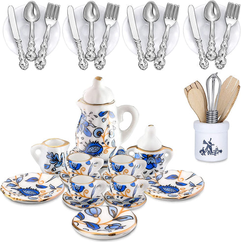 37 Pieces 1:12 Scale Miniatures Dollhouse Kitchen Accessories Include 16 Mini Doll Plates Knife Fork Spoon, 6 Mini Egg Beater Utensil, 15 Mini Tea Cup Set for Doll Toy Supplies (Blue Flower)