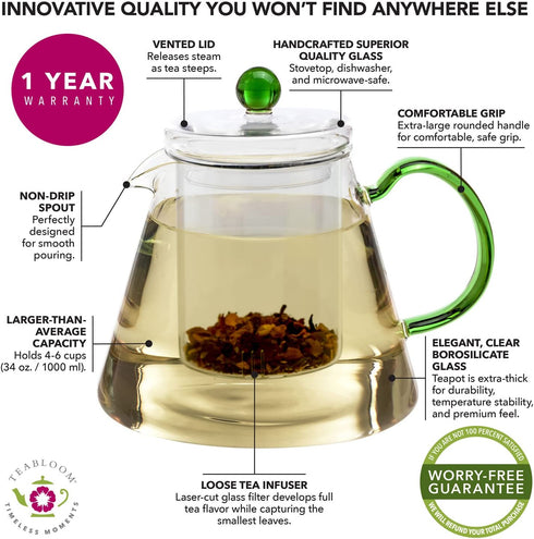 Teabloom Blooming Oasis Teapot - 34 oz Borosilicate Glass Teapot, Glass Tea Infuser, 2 Blooming Teas - Thermal Shock Resistant - Stovetop, Microwave, Dishwasher Safe - Holds 3-4 Cups
