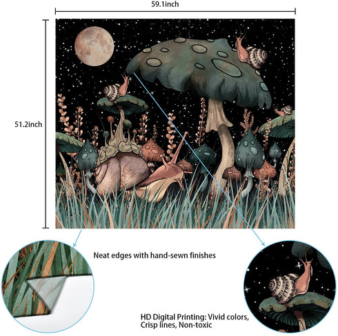 Trippy Mushroom Tapestry Moon and Stars Tapestry Snail Tapestry Fantasy Plants and Leaves Tapestry Wall Hanging for Room(51.2 x 59.1 inches)