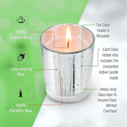 KISCO CANDLES: 10 Hour Votive Candles with Holders 12-Pack Silver Decorative Glass Home Decor, Beautiful Living Room, Kitchen, Bathroom Lighting | Long-Lasting Wax
