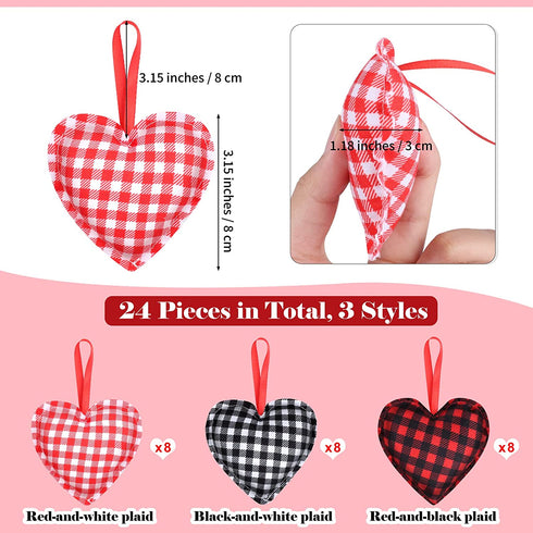 ADXCO 24 Pieces Valentine's Day Fabric Heart Hanging Ornaments, Heart Shaped Baubles Hanging Ornaments, Buffalo Plaid Heart Hanging Decorations for Valentine's Day, Party, Wedding Decoration