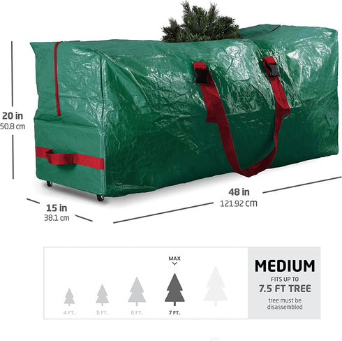 Rolling Large Christmas Tree Storage Bag - Fits Artificial Disassembled Trees, Durable Handles & Wheels for Easy Carrying and Transport - Tear/Waterproof Polyethylene Plastic Duffle Bag