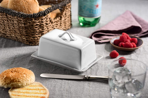 GOURMEX Large Butter Holder with Lid | Fits One Pound of Butter | Ideal Butter Keeper for Salted, Unsalted and Flavored Butter in Fridge | Ceramic White Covered Butter Dish is Dishwasher Safe