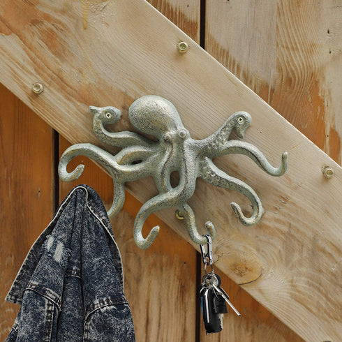 ChasBete Octopus Iron Wall Hooks for Hanging, Rustic Decorative Hooks/ Key Holder/ Coat Hooks/ Towel Hooks with 6 arms - Gold Green