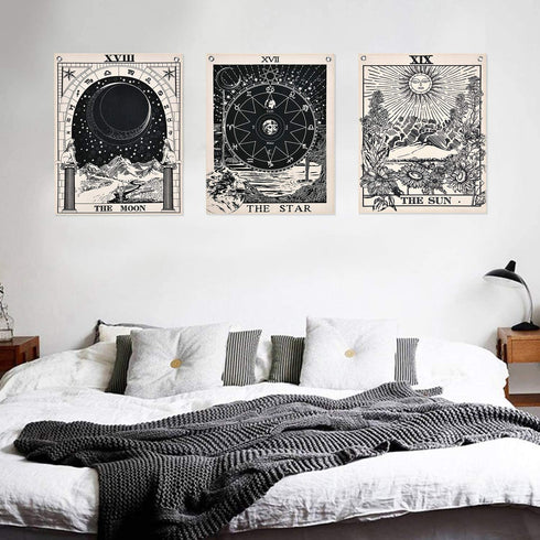 Pack of 3 Tarot Tapestries with Rustproof Grommets, Seamless Nails, The Sun Moon Star Tarot Card Tapestries Vertical Tapestry Wall Hanging (16 x 20 inches/piece)