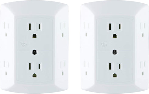 GE 6-Outlet Extender, 2 Pack, Grounded Wall Tap, Adapter Spaced Outlets, 3-Prong, Quick and Easy Install, UL Listed, White, 40222