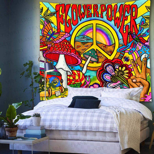 FEASRT Hippie Groovy Tapestry Peace and Love Trippy Tapestries Art Wall Hanging for Living Room Bedroom Home Dorm Decor 60×60 Inches GTZYAY315
