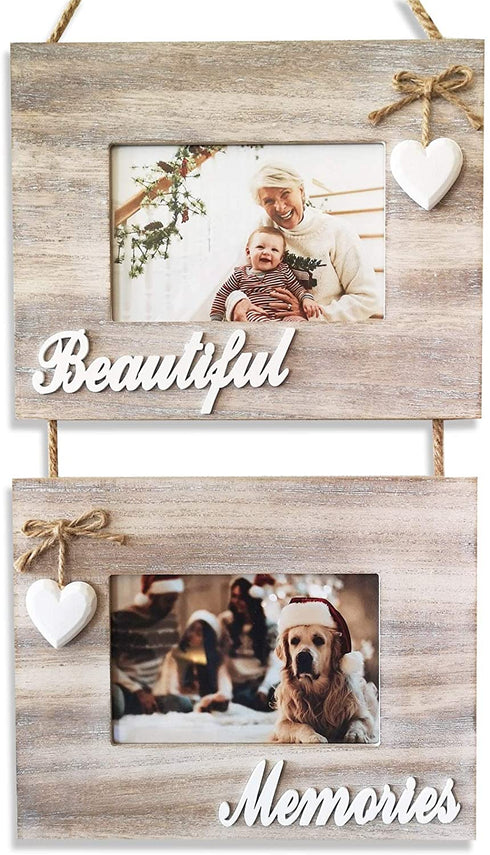 Beautiful Memories Rustic Double Wall Hanging Farmhouse 4x6 Picture Frame Set - A Decorative Collage Photo Frames with Whitewash Style Wood and Shabby Chic Decor. Marcos Para Fotos De Pared.