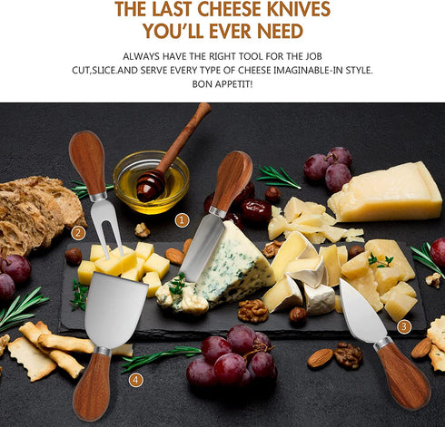 Cheese Knife Set, Cheese Knives For Charcuterie Board, Stainless Steel 4-Piece Cheese Cutter (Original Aacia Handle) Gift Ready