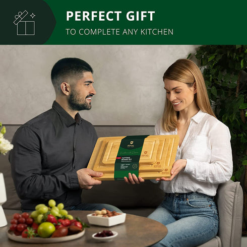 Wood Cutting Board Set - Bamboo Cutting Board with Juice Groove - Kitchen Chopping Board for Meat (Butcher Block) Cheese and Vegetables | Heavy Duty Serving Tray w/Handles (3-Pieces)