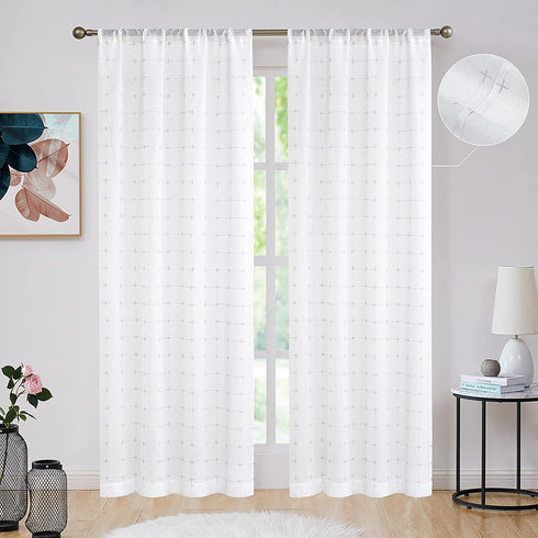 Central Park White Semi Sheer Curtain Gray GEO Cross Embroidery Panels Linen Texture Rod Pocket Window Treatment Drape Sets for Living and Bedroom Farmhouse 84 inches Long, 2 Panels, White