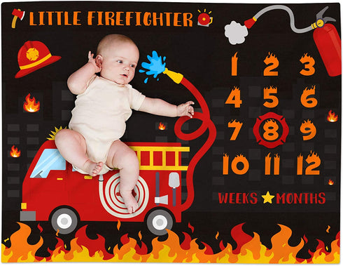 Fire Truck Baby Milestone Blanket for Boy Little Firefighter Monthly Growth Tracker Soft Plush Fleece Nursery Blanket Newborn Baby Boy Bedding Photography Background