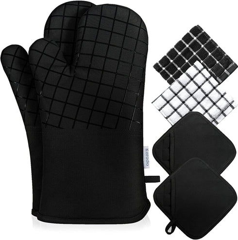 Koroda Oven Mitts: Silicone Oven Mitts Heat Resistant 500 Degrees and Pot Holders for Kitchen (Set of 6, Black)