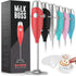 Milk Boss Mighty Milk Frother Handheld Whisk Mixer - Coffee Frother Electric Handheld Foam Maker & Frother For Coffee - Portable Electric Whisk With 16-Piece Stencils For Lattes, Matcha & More (Red)