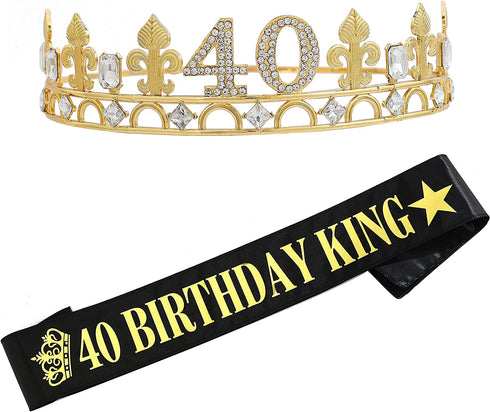 40th Birthday Crown and Birthday King Sash,40th Birthday Gifts for Men,Birthday Gift Idea for Him, Husband, Father, Brother Friends Party Favors.40th Birthday Decorations