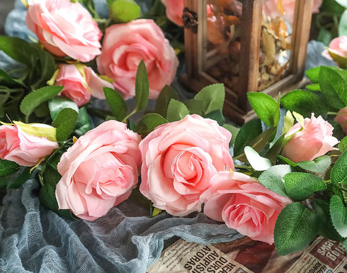 Meiliy 5 Pack 6.6 FT Artificial Flower Garland,Fake Pink Rose Hanging Flower Vines for Home Wedding Party Decor