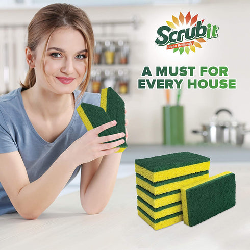 SCRUBIT Heavy Duty Scrub Sponges - Dishwashing Sponge Along with A Thought Scouring Pad -Ideal for Cleaning Kitchen ,Dishes, Bathroom- Yellow- 24 Dish sponges