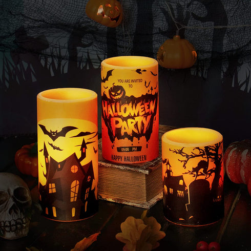 YUROZAC Halloween Flameless Candles with Timer, Flickering Battery Operated Real Wax LED Pillar Candles for Halloween Decoration Set of 3 (D3"xH 4"5"6"), Castle Cat Pumpkin Decals