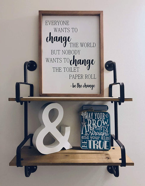 Farmhouse Bathroom Decor - Be The Change Rustic Wall Art Bathroom Decoration - Funny Black and White Toilet Paper Quote with Wooden Frame - Clear and Easy to Read Sign - Approx. 16 x 12 x 1 Inches