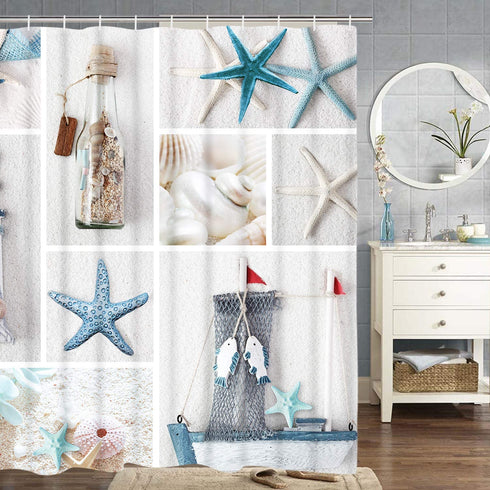 Nautical Shower Curtain, Marine Sail Boat Beach Starfish Shell Sea Life Shower Curtain with 12 Hooks, Waterproof Shower Curtain (White Blue #1, 70" L — 69" W)