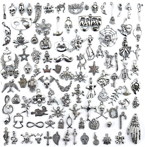 Wholesale Bulk Lots Hallowmas Skull Skeleton Charms Mixed Silver Plated Halloween Mask Charms Pendants DIY for Jewelry Making and Crafting, JIALEEY 100 PCS Hallowmas Style