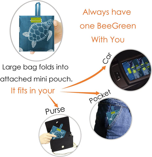 BeeGreen Reusable Grocery Shopping Bags Tote Bag Shopping Bags with Pouch XLarge 50LBS Waterproof Nylon Machine Washable Durable Eco-Friendly 6 Pack Cute Sea Turtles Pattern