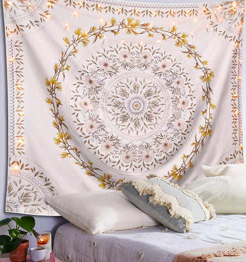 Lifeel White Bohemian Tapestry Wall Hanging, Mandala Floral Medallion Hippie Tapestry with Light Brown Aesthetic Wreath Design, Cream Wall Decor Blanket for Bedroom Home Dorm, Large 68×80 inches