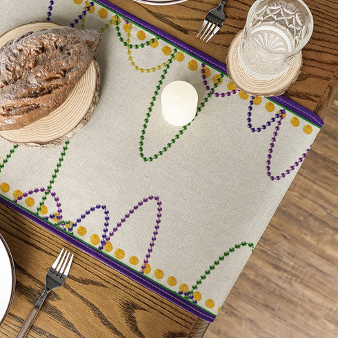 Artoid Mode Beads Happy Mardi Gras Carnival Table Runner, Seasonal Anniversary Wedding Holiday Kitchen Dining Table Decoration for Indoor Outdoor Home Party Decor 13 x 108 Inch