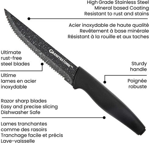 Granitestone Nutriblade 6-Piece Steak Knives with Comfortable Handles, Stainless Steel Serrated Blades Dishwasher-safe and Rust-proof Steak Knife For Home and Restaurant Use As Seen On TV