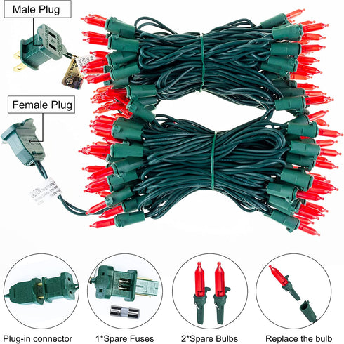 hemonie LED Christmas Lights, 33 Ft 100 LED UL Certified Commercial Grade Holiday String Light, End to End Connectable Indoor & Outdoor Green Wire Lights Set IP44 Waterproof(red)