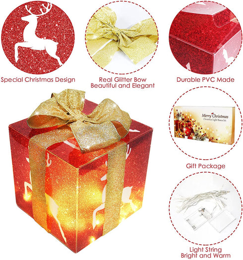 4 Christmas Lighted Gift Boxes and 80 LED Light Decorations, Xmas Tree Reindeer Lit Present Box with Glitter Bows for Indoor Home Party Decor